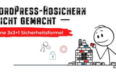 Ein Stichmännchen baut aus Steckbausteinen ein Haus. Daneben sind die Icons Zahnrad, Hausschlüssel und Vorhängeschloss zu sehen. Sie stehen für Schutz und Absicherung. Darüber steht "WodPress absichern leicht gemacht - Deine 3x3+1 Sicherheisformel"